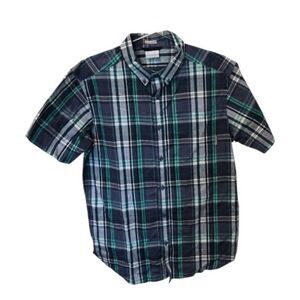 Men’s Plaid Button Down Shirt Blue Green Short Sleeve Casual Collared Top NWOT